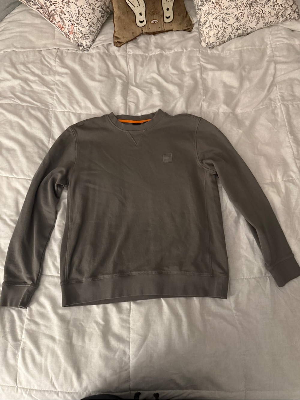 Boss Men's Gray Crewneck Sweatshirt with Orange Neck Trim